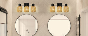 STASUN Bathroom Vanity Light, 3 Lights Boho Rattan Bathroom Lighting fixtures Over Mirror, Farmhouse Vanity Lighting Fixtures with 330° Adjustable Woven Lampshade, E26 Base (Bulbs Not Included)