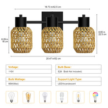 Load image into Gallery viewer, STASUN Bathroom Vanity Light, 3 Lights Boho Rattan Bathroom Lighting fixtures Over Mirror, Farmhouse Vanity Lighting Fixtures with 330° Adjustable Woven Lampshade, E26 Base (Bulbs Not Included)
