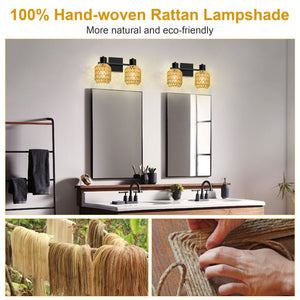 STASUN 2 Lights Farmhouse Vanity Light, Rattan bathroom lighting fixtures Over Mirror, Bathroom Vanity Light with 330°Adjustable Lampshade, Suitable for Mirror, Hallway, Porch, E26 Base (Bulbs Not Included)