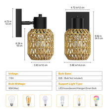 Load image into Gallery viewer, STASUN Rattan Wall Sconces Set of Two, Boho Bathroom Vanity Lighting Fixtures over Mirror, Farmhouse Wall Lamp with 330°Adjustable Arm for Living Room, Bedroom and Hallway, E26 Base (Not Included), Hardwired
