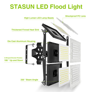 LED Flood Light Outdoor, STASUN 480W 48000lm 6000K Daylight White IP66 Waterproof, Stadium Lighting Commercial Parking Lot Light, Black