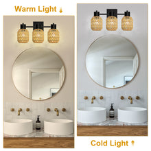 Load image into Gallery viewer, STASUN Bathroom Vanity Light, 3 Lights Boho Rattan Bathroom Lighting fixtures Over Mirror, Farmhouse Vanity Lighting Fixtures with 330° Adjustable Woven Lampshade, E26 Base (Bulbs Not Included)
