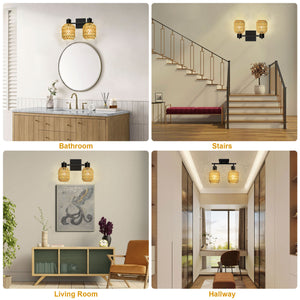 STASUN 2 Lights Farmhouse Vanity Light, Rattan bathroom lighting fixtures Over Mirror, Bathroom Vanity Light with 330°Adjustable Lampshade, Suitable for Mirror, Hallway, Porch, E26 Base (Bulbs Not Included)