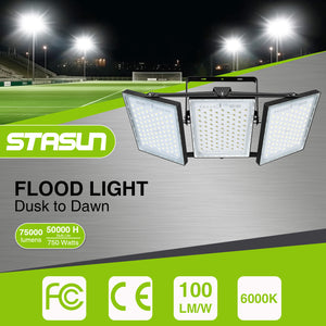 LED Flood Lights Outdoor, 750W 75000LM 6000K Dusk to Dawn Outdoor Lighting with Photocell, IP66 Waterproof, 3 Heads Adjustable Wide Outside Lighting for Parking Lot, Yard, Street, Stadium
