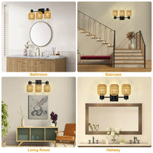 Load image into Gallery viewer, STASUN Bathroom Vanity Light, 3 Lights Boho Rattan Bathroom Lighting fixtures Over Mirror, Farmhouse Vanity Lighting Fixtures with 330° Adjustable Woven Lampshade, E26 Base (Bulbs Not Included)
