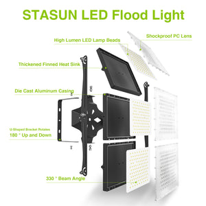 LED Flood Light Outdoor, STASUN 900W 90000lm 6000K Daylight White IP66 Waterproof, Stadium Lighting Commercial Parking Lot Light, Black